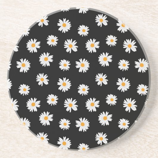 Chic White Daisies Pattern op zwarte achtergrond Zandsteen Onderzetter (Voorkant)