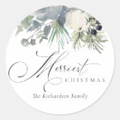 Chic White Dusky Green Merriest met kerstavond Ronde Sticker (Voorkant)