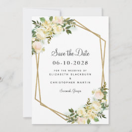 Chic White Elegant Wedding Gold Greenery Floral Save The Date