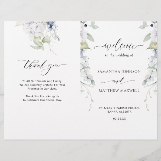 Chic White en Blue Floral Folded Wedding Programme (Voorkant)