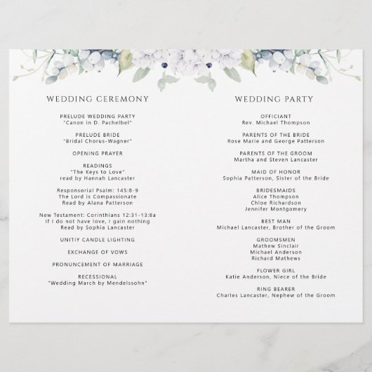 Chic White en Blue Floral Folded Wedding Programme (Achterkant)