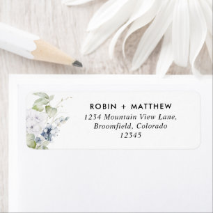 Chic, White en Blue Floral Wedding Return Address Etiket