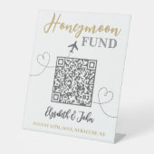 Chic White en Gold Elegant QR Code Honeymoon Fund Reclamebord Met Voetstuk (Voorkant)