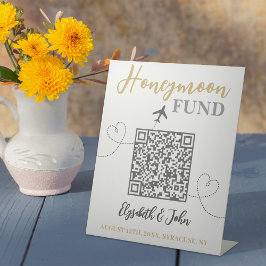 Chic White en Gold Elegant QR Code Honeymoon Fund Reclamebord Met Voetstuk
