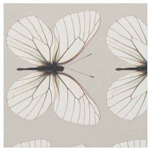 Chic White en Tan Butterfly Pattern Fabric Stof (Close Up)