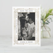Chic White Faux Gold Foil Art Deco Opslaan datum Aankondiging (Staand voorkant)