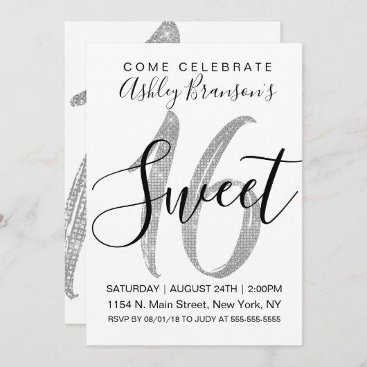 Chic White Faux Zilveren Sequin Glitter Sweet 16 Kaart (Voorkant / Achterkant)