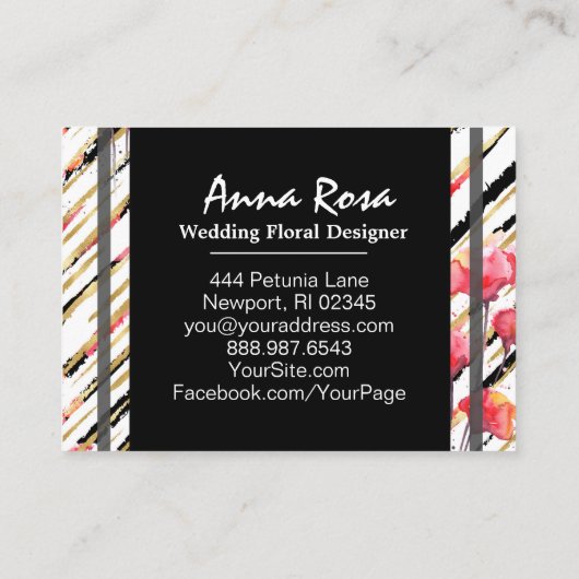 *~* Chic White Floral Red Poppy Glitter Foil Black Visitekaartje (Achterkant)