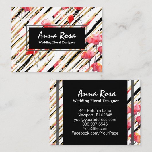 *~* Chic White Floral Red Poppy Glitter Foil Black Visitekaartje (Voorkant / Achterkant)