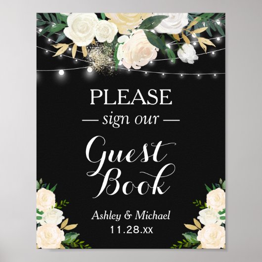 Chic White Floral String Lights Onderteken Ons Gue Poster (Voorkant)