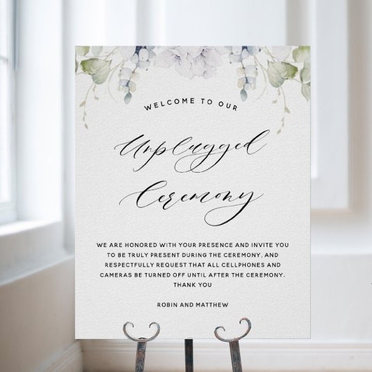 Chic White Floral Unplugged Ceremony Wedding Sign Poster
