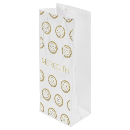 Chic White Gold 50 en Fabulous 50th Birthday Wijn Cadeautas (Achterkant Gekanteld)