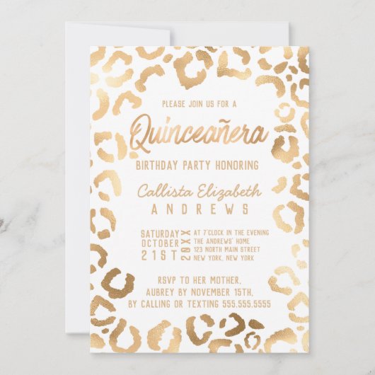 Chic White Gold Cheetah Leopard Quinceañera Kaart (Voorkant)