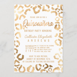 Chic White Gold Cheetah Leopard Quinceañera Kaart
