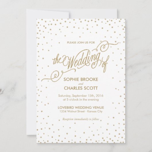 Chic White & Gold Confetti Stars Script Weddenscha Kaart (Voorkant)