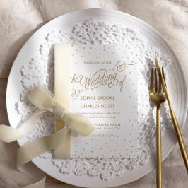 Chic White & Gold Confetti Stars Script Weddenscha Kaart
