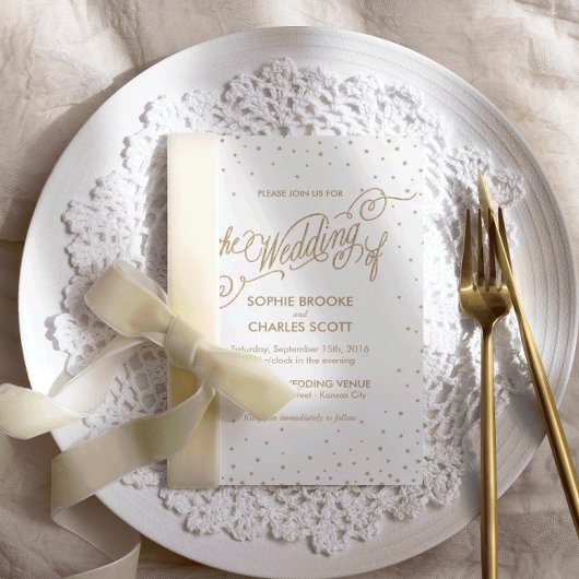 Chic White & Gold Confetti Stars Script Weddenscha Kaart