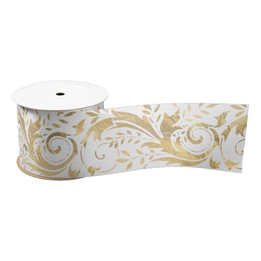 Chic White Gold Floral Scroll Modern Pattern Satijnen Lint (Spoel)