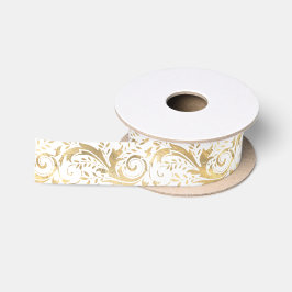 Chic White Gold Floral Scroll Modern Pattern Satijnen Lint