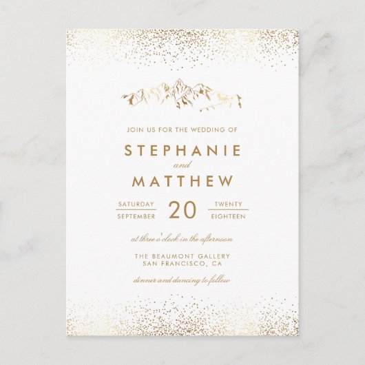 Chic White & Gold Foil Confetti Mountain Wedding Uitnodiging Briefkaart (Voorkant)