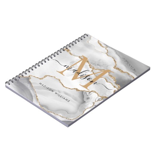 Chic White Gold Glitter Agate Monogram Script Name Notitieboek (Linkerzijde)