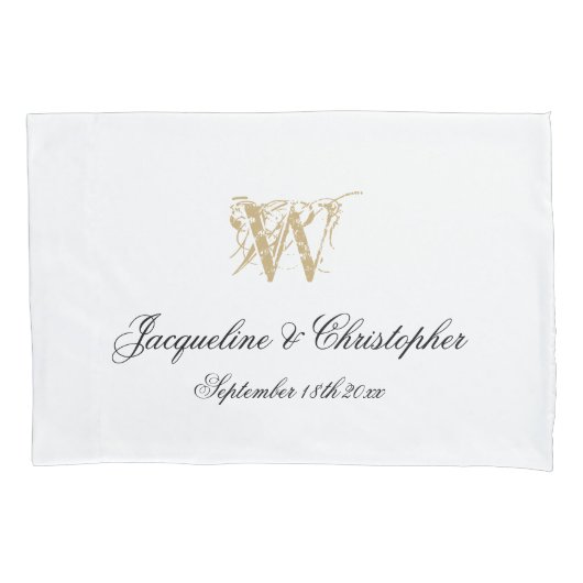 Chic White Gold Monogram + Names Pas getrouwd Wedd Kussensloop (Voorkant)