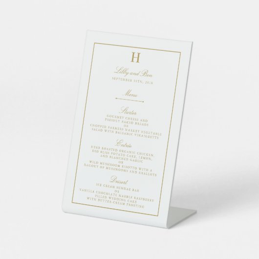 Chic White & Gold Wedding Menu Sjabloon Reclamebord Met Voetstuk (Voorkant)