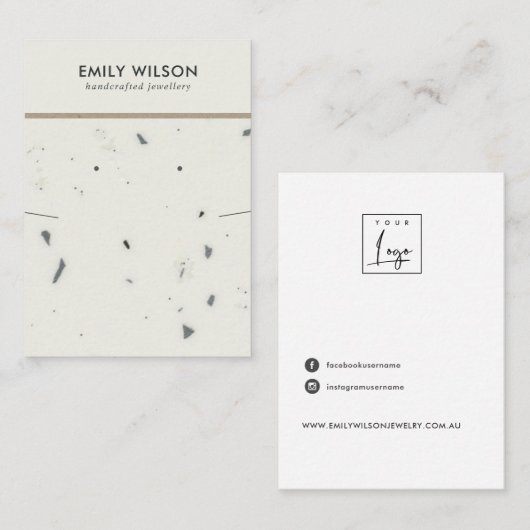 CHIC WHITE GRAY TERRAZZO KETTING EARRING DISPLAY VISITEKAARTJE (Voorkant / Achterkant)