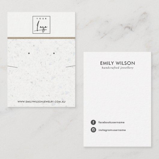 CHIC WHITE GRAY TERRAZZO KETTING EARRING DISPLAY VISITEKAARTJE (Voorkant / Achterkant)