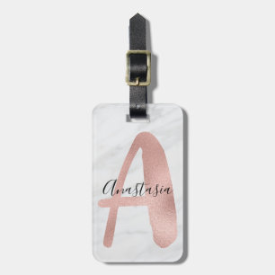 Chic White & Grey Marble Roos Gold A Monogram naam Bagagelabel
