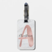 Chic White & Grey Marble Roos Gold A Monogram naam Bagagelabel (Achterkant verticaal)