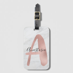 Chic White & Grey Marble Roos Gold A Monogram naam Bagagelabel