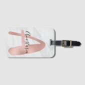 Chic White & Grey Marble Roos Gold A Monogram naam Bagagelabel (Voorkant (horizontaal))