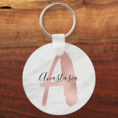 Chic White & Grey Marble Roos Gold A Monogram naam Sleutelhanger (Voorkant)