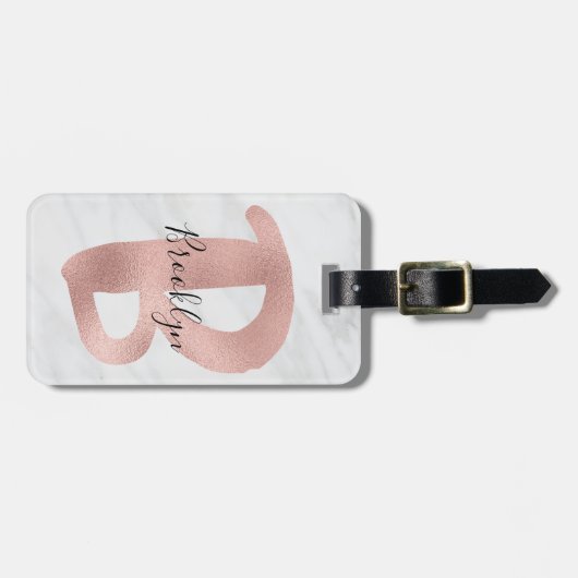 Chic White & Grey Marble Roos Gold B Monogram Naam Bagagelabel (Voorkant horizontaal)