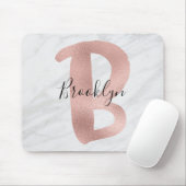 Chic White & Grey Marble Roos Gold B Monogram Naam Muismat (Met muis)