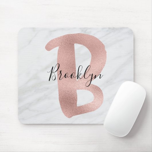 Chic White & Grey Marble Roos Gold B Monogram Naam Muismat (Met muis)