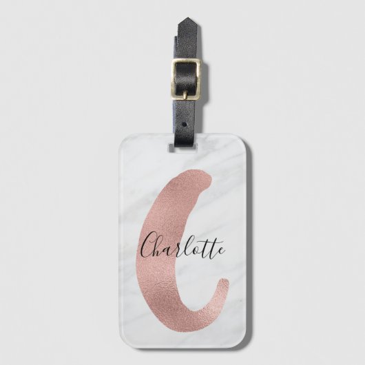Chic White & Grey Marble Roos Gold C Monogram Naam Bagagelabel (Voorkant (verticaal))