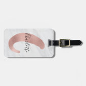 Chic White & Grey Marble Roos Gold C Monogram Naam Bagagelabel (Voorkant horizontaal)