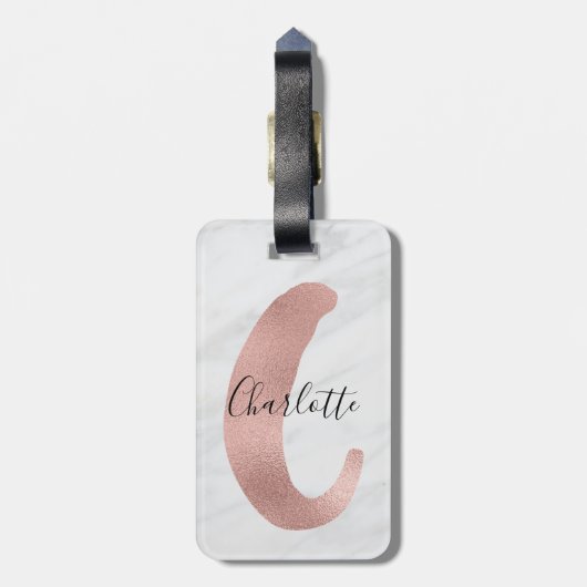 Chic White & Grey Marble Roos Gold C Monogram Naam Bagagelabel (Achterkant verticaal)