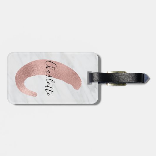 Chic White & Grey Marble Roos Gold C Monogram Naam Bagagelabel (Achterkant horizontaal)