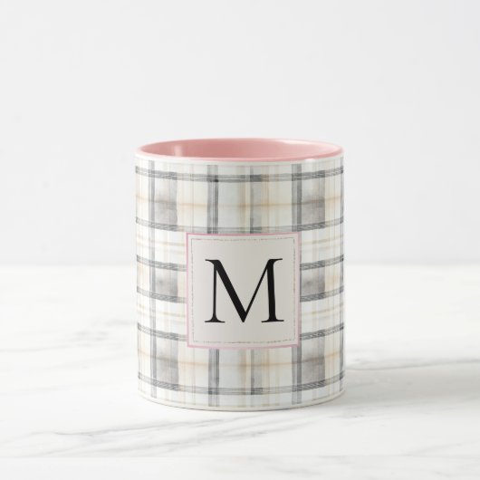 Chic White Grey Plaid Stripes Monogram Mok (Midden)