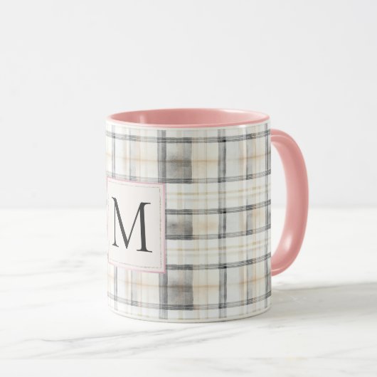 Chic White Grey Plaid Stripes Monogram Mok (Voorkant rechts)