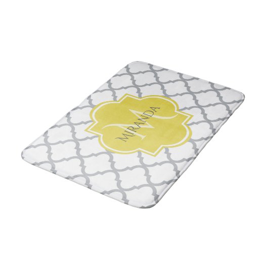 Chic White Grey Quatrefoil Geel Monogramnaam Badmat (Gekanteld)