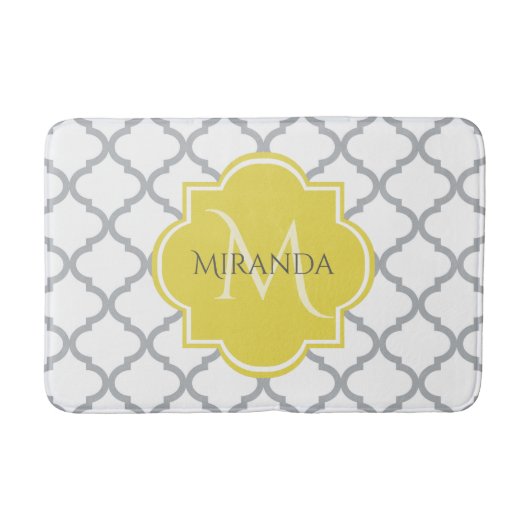 Chic White Grey Quatrefoil Geel Monogramnaam Badmat (Voorkant)