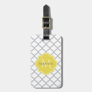 Chic White Grey Quatrefoil Geel Monogramnaam Bagagelabel