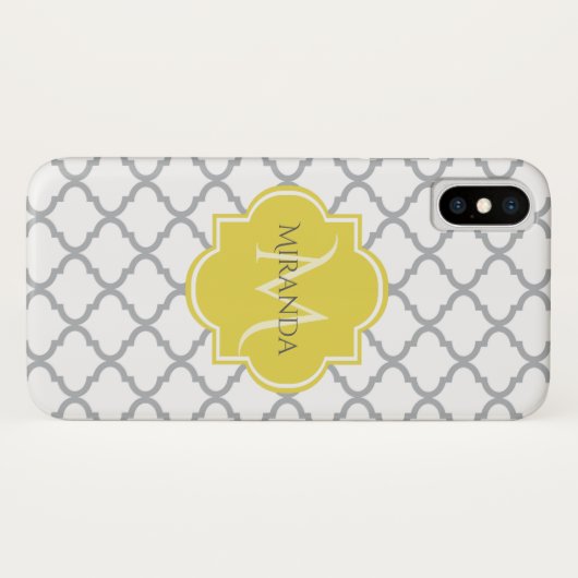 Chic White Grey Quatrefoil Geel Monogramnaam Case-Mate iPhone Case (Achterkant (horizontaal))