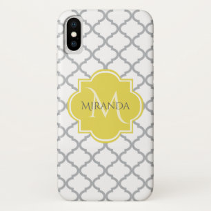 Chic White Grey Quatrefoil Geel Monogramnaam Case-Mate iPhone Case