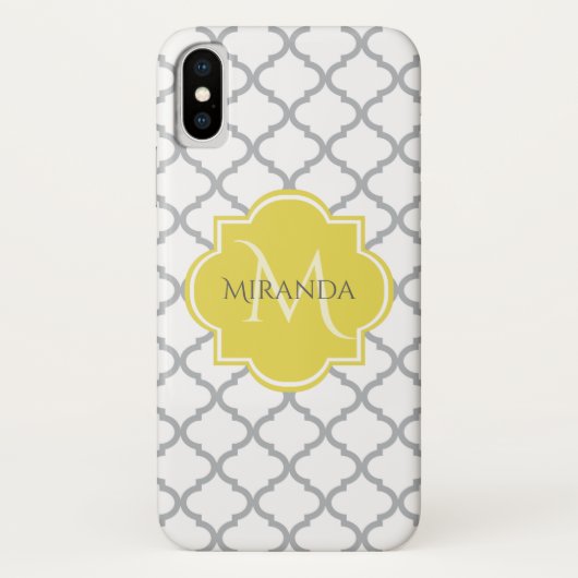 Chic White Grey Quatrefoil Geel Monogramnaam Case-Mate iPhone Case (Achterkant)