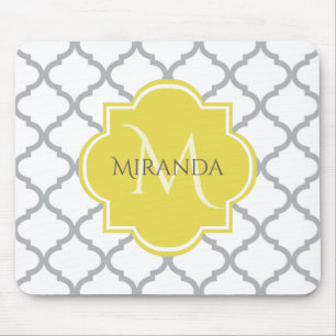 Chic White Grey Quatrefoil Geel Monogramnaam Muismat
